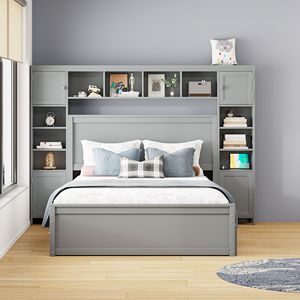 Queen Size Wooden Bed with All-in-One Cabinet Shelf <b>Sockets</b> <b>Twin</b> XL Trundle in Gray - Product Image 3