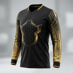 Maillot de football pour homme noir et or à manches longues, col en V, imprimé géométrique, anti-humidité, coupe ajustée, pour gardien de but - Product Image 1