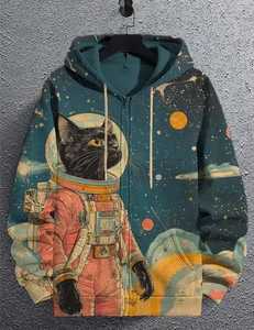 Sudadera con Capucha para Hombre, 100% Algodón, Estampado Digital de Gato Astronauta, Corte Regular, Ropa Casual de Invierno - Product Image 4