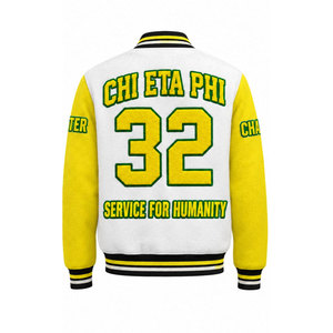 เสื้อแจ็คเก็ตวาร์ซิตี้ Chi Eta Phi สีขาวเหลืองสำหรับผู้ชาย ปักลายตัวอักษร  บริการเพื่อมนุษยชาติ 32  แบบสไตล์ Preppy - Product Image 3