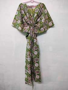 Vestido Kaftán Vintage de Algodón con Estampado Floral y Encaje, Largo hasta la Rodilla, Hecho a Mano, para Playa - Product Image 3