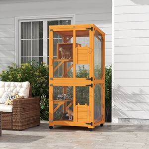 Casetta Classica per Gatti in Legno Arancione, Villa Rettangolare con Ruote per Facile Spostamento, per 1-3 Gatti, in Materiale di Abete, per Interni, per Piccoli Animali - Product Image 2