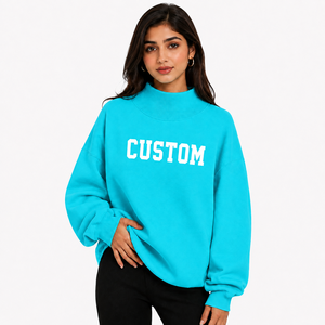 Jersey de cuello simulado para mujer, el más vendido, de algodón ligero, con bordado personalizado, hombros caídos, puños acanalados, mangas largas, al por mayor - Product Image 1