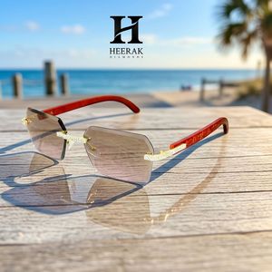 Luxury <b>Rimless</b> <b>Square</b> Diamond <b>Sunglasses</b> Men Women Engraved Wood Temples Brown Gradient Lens Eyewear - Product Image 1