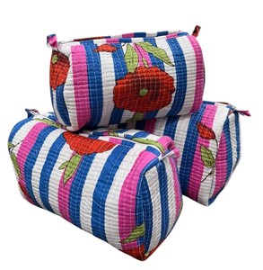Multicolor Striped Handmade Hand Block Printed Cotton Quitled Travel Cosmetic <b>Makeup</b> Pouch - Set of 3 - Best Price - Product Image 1