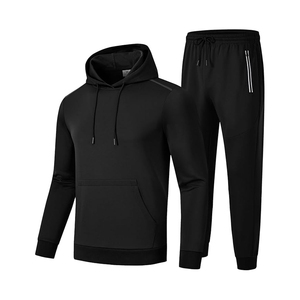 <b>Mens</b> Black Hooded Tracksuit Set Full Sleeve Solid Color Casual Joggers With Side Pockets Autumn Wear Breathable Polyester - Product Image 1