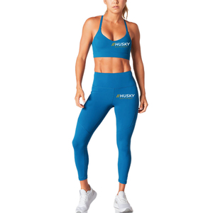 HUSKY Women's Ribbed Sports <b>Bra</b> & Leggings Set <b>Blue</b> Seamless Fitness Wear Breathable Racerback Scoop Neck Medium Support - Product Image 1