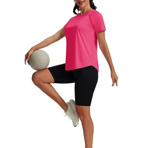 Camiseta Deportiva de Manga Corta con Cuello Redondo y Color Rosa Sólido para Mujer, de Secado Rápido, Tejido de Punto, Ajuste Deportivo, para Primavera/Verano, Gimnasio, ODM OEM - Product Image 4