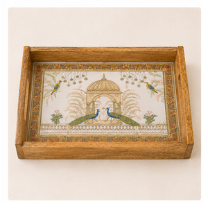 Handcrafted Pichwai Art Wooden Serving Tray Luxury Peacock Design Decorative Platter for <b>Home</b> Traditional Indian Handicrafs - Product Image 1