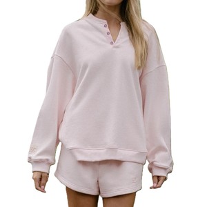 Women's Light Gray Knitted <b>Long</b> <b>Sleeve</b> <b>Henley</b> Sweatshirt Regular Fit Casual Autumn Wear 100% Cotton Breathable Solid Color - Product Image 1
