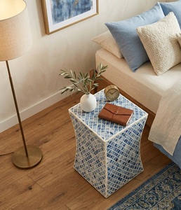 Bone Inlay Velvet Accent <b>Stool</b> Mosaic Ottoman Side <b>Table</b> Curved Backed Seat Bedside Ottoman for Living Room Bedroom Hotel - Product Image 3
