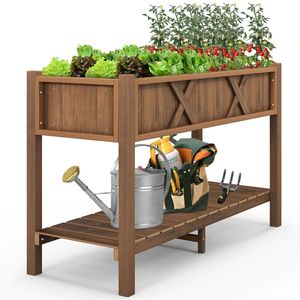 Fioriera Rialzata in Legno Composito con Fori di Drenaggio e Ripiano Portaoggetti, Vaso e Fioriera con Gambe per Facile Conservazione - Product Image 5
