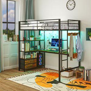 Letto a soppalco con luci LED, scrivania, scaffali portaoggetti e stazione di ricarica - Mobili in metallo per appartamento - Product Image 2