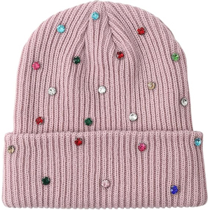 Black Crystal Studded <b>Beanie</b> Hat Rib Knit Winter Warm Cap Unisex Soft Stretch Custom Logo Skull Cap Hat - Product Image 5