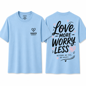 Camiseta de Manga Corta para Hombre, Color Azul Claro, Cuello Redondo, Corte Regular, 100% Algodón, Estampado con la Frase 'Love More Worry Less', Estilo Casual, Marca Sangita Garments - Product Image 1