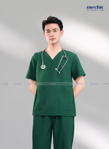ชุดสครับคอวีสีเขียวสำหรับบุรุษ แขนสั้น ผ้าทอผสมคอตตอนและโพลีเอสเตอร์ พร้อมกางเกง - Product Image 3