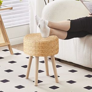 Poggiapiedi Ottomano in Giacinto Marino Naturale Intrecciato a Mano con Gambe in Legno Massello, Sgabello per Ingresso e Uso Alberghiero - Product Image 3