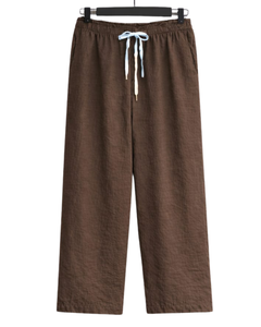 Ensemble deux pièces décontracté pour femme : chemise bleu clair et pantalon large marron en coton et lin avec poches brodées – Tenue d'été - Product Image 2