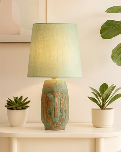 Antique teal wood <b>table</b> lamp sage linen shade rustic teardrop base <b>bedside</b> night light for farmhouse home decor wholesale OEM - Product Image 6