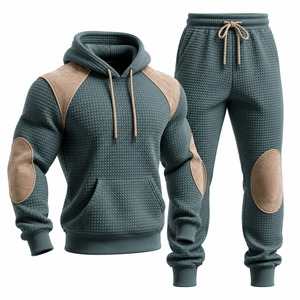 Ensemble de survêtement à capuche pour homme, couleur unie, design matelassé avec détails patchwork, manches longues, vêtements décontractés, saison d'automne - Product Image 1
