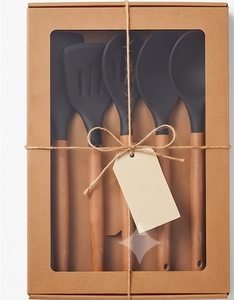 Ensemble d'ustensiles de cuisine en silicone avec manches en bois, design minimaliste noir mat, compatibles lave-vaisselle, pour le camping et l'hôtellerie - Product Image 4