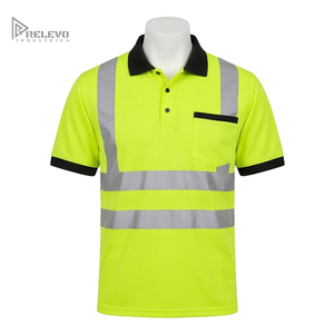 Polo de sécurité OEM personnalisé, haute visibilité, fluorescent, vert lime, classe 2 ANSI, imperméable, avec col et poignets côtelés noirs contrastants et bandes réfléchissantes - Product Image 1