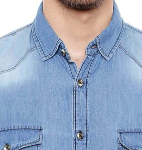 Camisa de Mezclilla Azul Claro para Hombre, Manga Tres Cuartos, Corte Regular, Color Sólido Informal, Cuello Clásico, Transpirable, Algodón Lavado a la Piedra - Product Image 2
