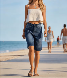 TRIBON SPORTS Shorts de mezclilla ajustados de cintura alta para mujer, pierna recta, lavado a la piedra, bordado de estrellas, estilo dulce de verano, transpirables - Product Image 1