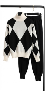 Women's Argyle Knit <b>Sweater</b> Set <b>Turtleneck</b> Long Sleeve Loose Fit Casual Wool Two Piece Winter Wear - Product Image 5