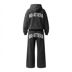 Conjunto de Sudadera con Capucha Oversize Negra Lavada y Pantalones Anchos de Felpa para Mujer, Chándal de Algodón, Venta al por Mayor OEM ODM - Product Image 3