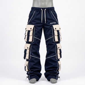 Pantalones Jogger Cargo Azul Marino para Hombre con Bolsillos en Contraste Beige, Cintura con Cordón, Estilo Urbano, Proveedor Mayorista OEM ODM Personalizado - Product Image 3
