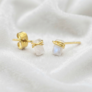Ratnarachit Hand Wire Wrapped Rainbow Moonstone <b>Earrings</b>-Gold Plated Women's Minimalist Square Cut <b>Studs</b> - Product Image 1