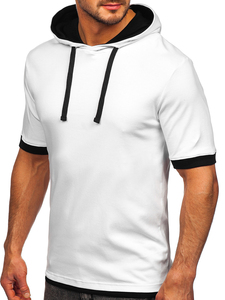 T-shirt à capuche blanc pour homme, manches courtes, bordure contrastée, coupe classique, tricoté, couleur unie, style décontracté - Product Image 3