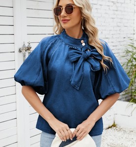 Women's Denim Blouse With Bowknot Mandarin Collar Short <b>Balloon</b> Sleeve Loose Fit Spring Summer Casual Top - Product Image 5