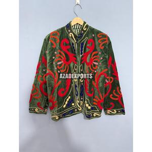 Green <b>Velvet</b> Mandarin Collar Jacket with <b>Red</b> Embroidery Full Sleeve Winter Women's Outerwear Quick Dry Cotton Lining Pullover - Product Image 3