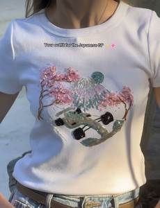 Débardeur en coton blanc fait main avec broderie de palmiers perlée - Product Image 5