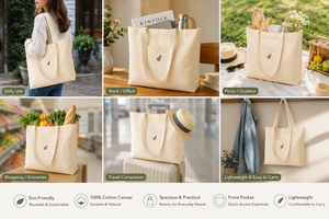 Sac fourre-tout en toile de coton 10oz beige 24x15x6 po avec fermeture personnalisée, poche avant et poche intérieure brodée feuille 7.5x6 po pour le shopping - Product Image 4