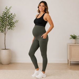 Leggings de Maternidad con Bolsillos, Corte Ajustado, Color Verde Oliva, Transpirables, de Spandex y Nailon, para Mujer - Product Image 1