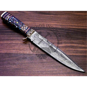 Couteau de chasse Bowie en acier Damas fait main, édition neuve, avec manche en laiton et acrylique, lame fixe, couteau tactique, couteau de survie - Product Image 4