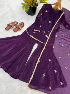 Kurti Sharara de seda bordado para mujer, largo hasta el tobillo, para bodas, Diwali, fiestas, con dupatta, ropa india y pakistaní TENNECY - Product Image 5