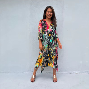 Robe Kaftan Midi FR 28 Noir Arc-en-ciel, Col en V, Tunique Kaftan, Bali, Vacances, Dubaï, Vêtements de Luxe pour Resort - Product Image 1