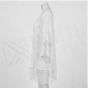 White Crocheted V-Neck Tassel Beach Dress Women Breathable Handmade Solid Hollow Out <b>Boho</b> Style Cover Up - Product Image 3