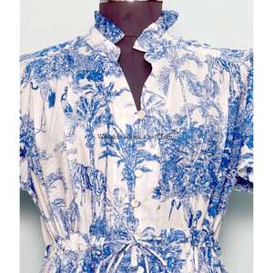 Women's Summer Midi A-Line <b>Sundresses</b> Handmade Block Printed Lace Floral Cotton Breathable Eco-Friendly Including Pockets - Product Image 4