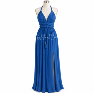Robe longue bleu roi à col halter, taille ajustable avec lien, tissu texturé doux, fente latérale, fluide, pour l'été, la plage, les soirées et les fêtes - Product Image 1