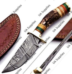Cuchillo de caza industrial de alta calidad con hoja de acero de Damasco OEM al por mayor, con mango de cuerno de ciervo y punta de gota, para camping, bajo MOQ - Product Image 6
