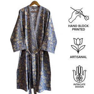 Peignoir long kimono gris en coton gaufré compressé à séchage rapide pour femme, imprimé à la main, idéal pour la maison, les voyages, la plage et le spa - Product Image 3