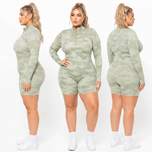 Women Camo Printed One Piece Romper Gym Fitness Compression Short Jumpsuit Half Zipper Plus Size Long Sleeve Jumpsuit Shorts - Product Image 6