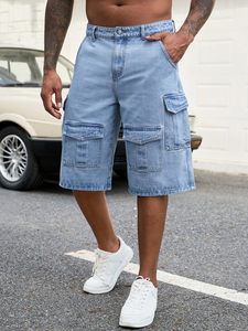 Men's Light Blue Denim Cargo Shorts Mid Waist Button Fly Casual Bermuda Style With Pockets Breathable Cotton Fabric - Product Image 4