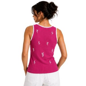Top de Tirantes Acanalado para Mujer en Rosa Fucsia y Blanco, Sin Mangas, Bordado, Casual, Verano, Ajuste Delgado, Algodón Elástico, Prenda Personalizada OEM - Product Image 2