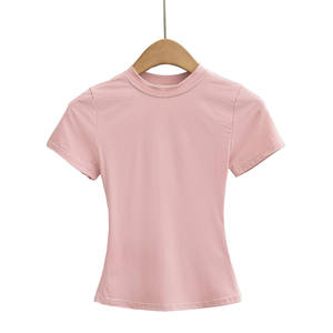 Camiseta Corta de Mujer, Estilo Vintage, Cuello Redondo, Corte Ajustado, Manga Corta, Color Sólido, Informal, Tejida, 100% Algodón, Transpirable y Ecológica - Product Image 4